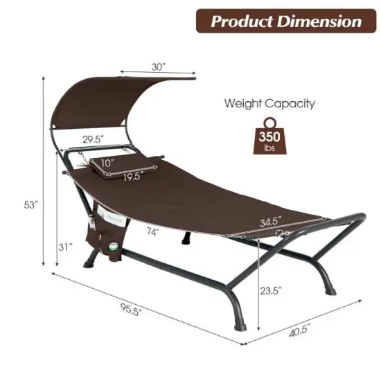 Outdoor Hammock Chaise Lounge Chair with Canopy and Cushion for Patio, Garden or Poolside Brown {2}