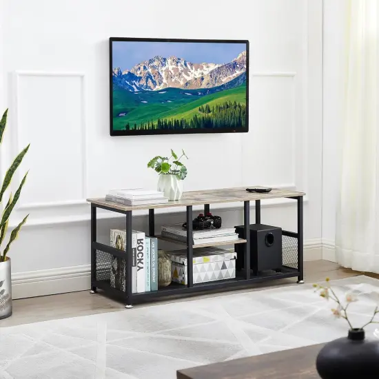 Engineered Wood TV Stand with Black Metal Frame, Mesh Shelves and Adjustable Feet Grey {5}