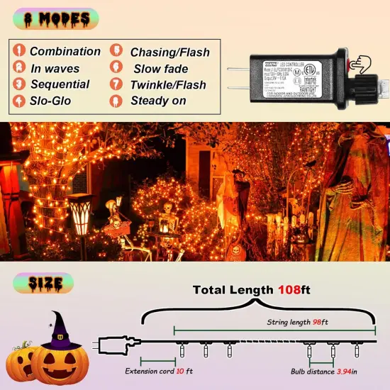 Halloween 300 LED Orange String Lights - 108 Ft, 8 Modes {5}