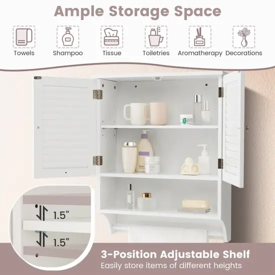 Wall-Mounted Bathroom Medicine Cabinet with Louver Doors and Towel Bar White {4}