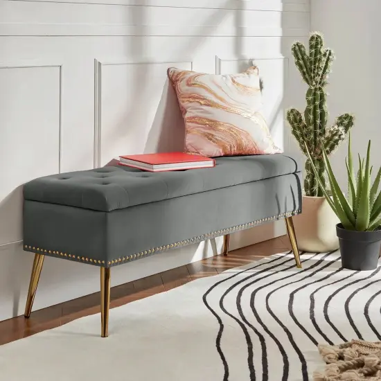 Upholstered Velvet Storage Bench with Tufted Seat and Gold Metal Legs Grey {3}