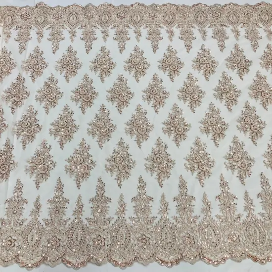 1 Yard Champagne Beaded Lace Fabric on 100% Polyester Net Mesh, Embroidered Lace Fabric, 50" Width {1}