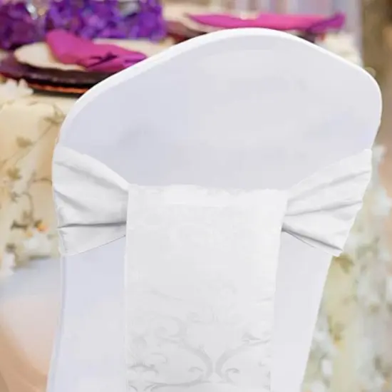 10 Pieces White Versailles Damask Jacquard Chair Sashes 7.5"x108" Elegant Polyester {3}