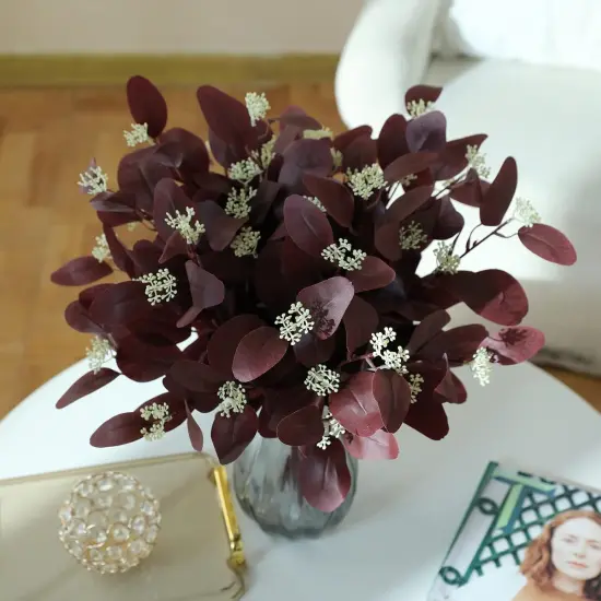 12Pcs 20" Silk Artificial Eucalyptus Stems - Burgundy {5}