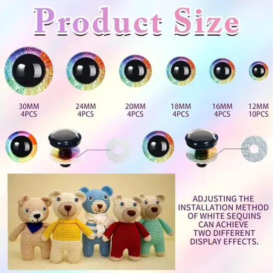 30PCS 12-30mm 3D Rainbow Glitter Safety Eyes for Crocheting with Washers {2}