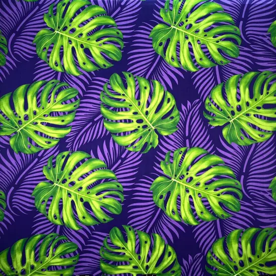 1 Yard Monstera Dypsis Lutescens Leaves Tropical Peachskin Fabric for Sewing Projects 45 Inch Width Green/Purple {1}