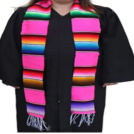 1 Yard Multicolor Mexican Serape Graduation Stole Sash Woven Handmade Fabric with Fringe 5 Inch Width Black {6}
