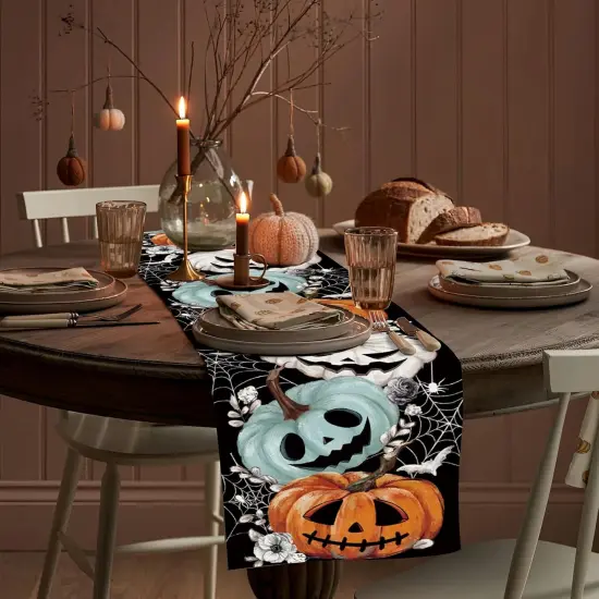 Halloween Table Runner Spooky Pumpkins Spider Web Bat Runner 13x36 Inch {3}