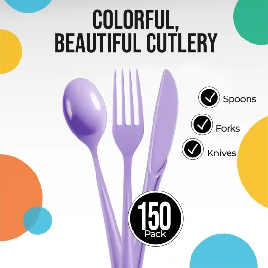 Exquisite Polished Plastic Silverware &ndash; 150 Pcs Heavy Duty Cutlery Set &ndash; 50 Each of Forks, Knives & Spoons &ndash; Disposable Utensil Set for Parties, Events & Catering &ndash; Flatware Set by Party Solids Lavender {2}