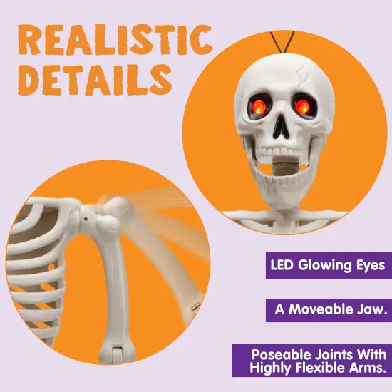 24 Inch Halloween Posable Skeleton with LED Red Glowing Eyes, 2FT Realistic {5}