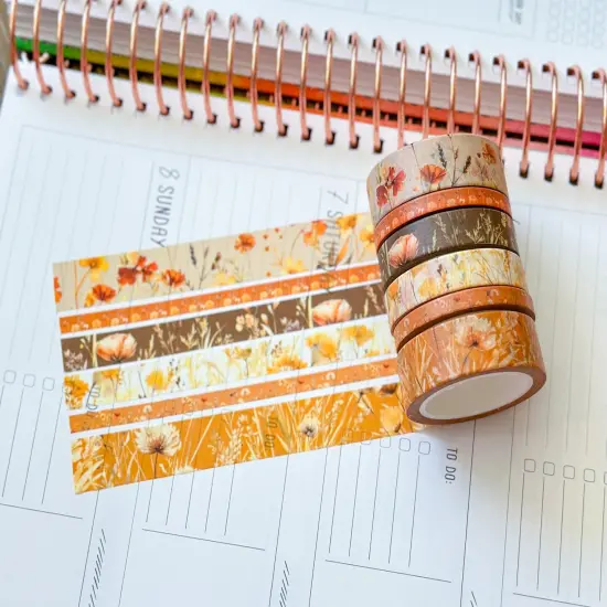 Fall Wildflowers Tan Orange Brown Boho Washi Tape Set September 2024 - W116 {4}