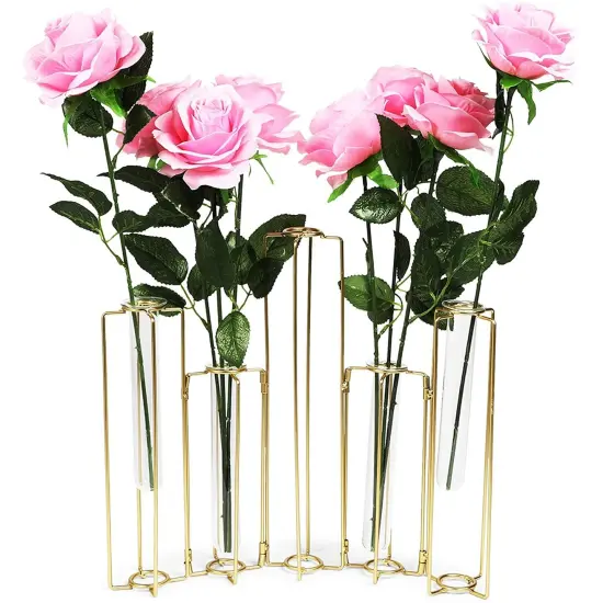 6-Pack Metal Hinged Plant Stand Set with Glass Test Tube Vases (Gold) {1}