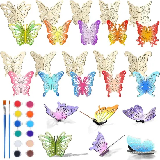20 Pcs DIY 3D Spring Butterfly Wood Crafts Unfinished Wooden Butterfly Slices Cutouts Wood Crafts Butterflies Cutouts for Painting for Spring Party Home Decoration {1}