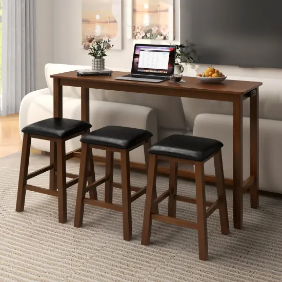 4-Piece Bar Table Set Counter-Height Table and 3 PVC Leather Upholstered Bar Stools-Brown {3}