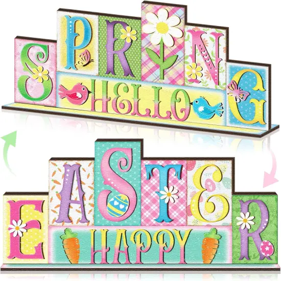 Easter Decorations Pastel Spring Table Decor Reversible Happy Easter Wooden Sign Farmhouse Hello Spring Tabletop Centerpiece for Home Tiered Tray Shelf Office Desk Mantel Rustic Decor {1}