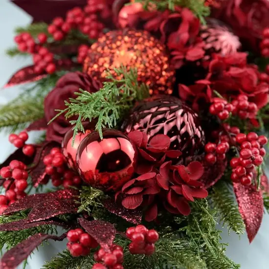 24" Decorative Teardrop Swag, Artificial Christmas Swag with Red Hydrangea & Baubles, Purple Bowknot, Red Berries, Sparkling Leaves, Pine Needles (Red Hydrangea) {4}