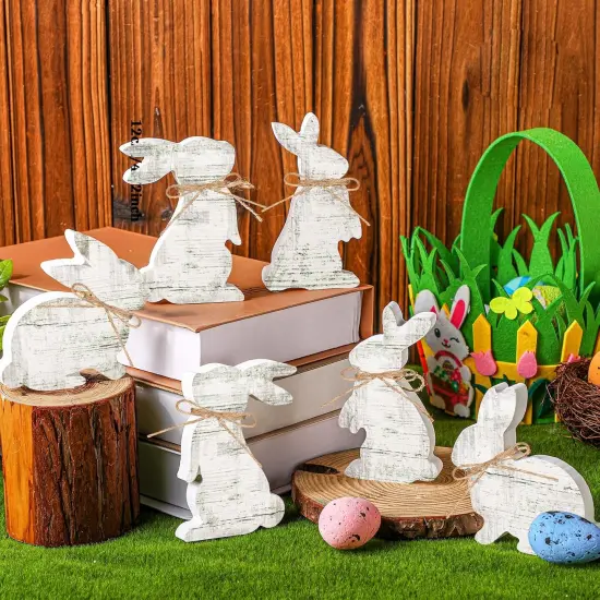 6 Pcs Easter Bunny Table Wooden Sign Decorations Rabbit Decorations with Ropes Classic Easter Decor Rustic Rabbit Shaped Tabletop Centerpieces for Party Gifts Home Tiered Tray Decor {2}
