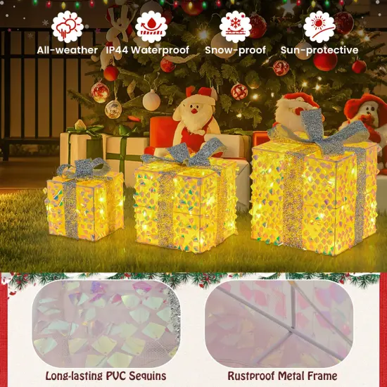 Set of 3 Christmas Lighted Gift Boxes with Pre-lit 90 LED Light and Bows {6}