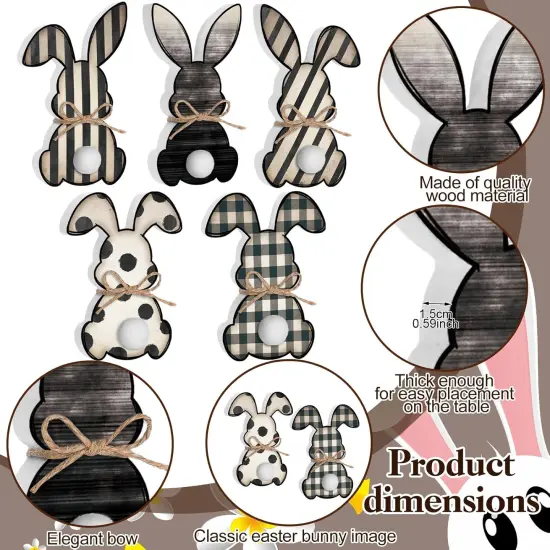 5 Pcs Easter Bunny Wooden Signs Buffalo Plaid Bunny Decor with Jute Rope Easter Decorations for The Home Tabletop Decorations for DIY Home Office Farmhouse {3}