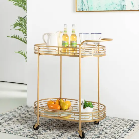 30.75"H Deluxe 2-Tier Metal Oval Mirrored Bar Cart -Golden {2}