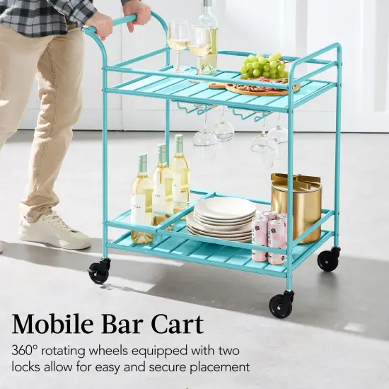 Best Choice Products 2-Tier Rolling Bar Cart Indoor/Outdoor w/ Storage Shelves, Wine Rack, Lockable Wheels Teal {5}