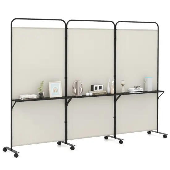 3-Panel Folding Room Divider with 3 Metal Shelves and Lockable Wheels White {3}