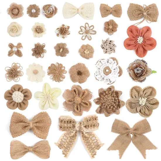 VGOODALL 32 PCS Natural Burlap Flowers Set, Burlap Bows and Scrapbook Embellishments for Wedding Party Decor Home, Embellishments for Crafts {1}