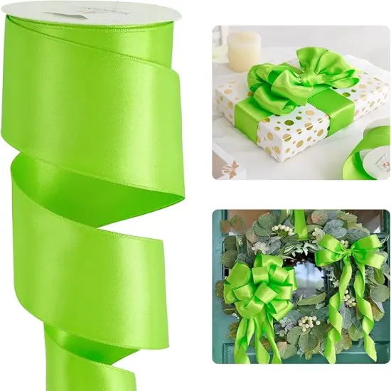 Lime Green Wired Ribbon 2.5 inch Green Satin Wire Ribbon for Wreaths, Bows Making, Flower Bouquet, Garland, Home Decor, Crafts, Halloween Decor, Christmas Tree Bows-10 Yards {1}