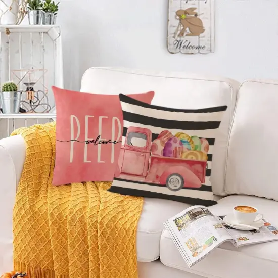 Pink Easter Pillow Covers 18x18 Set of 4 Spring Easter Throw Pillow Covers Easter Rabbit Bunny Eggs {3}