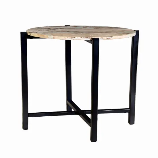 Brown Marble Side Table With Grey Metal Frame-21 Inch Height {1}