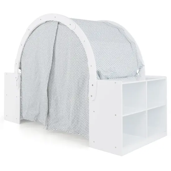 Wooden Kids Play Tent with Curtain Shades and 8 Cubbies-White {1}