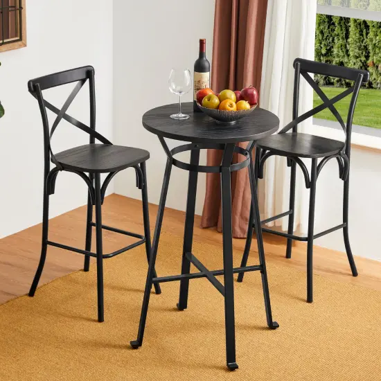 3 Piece Pub Table and Bar Chair Set - Steel Round Bar Table and Bar Chair Set Black {7}