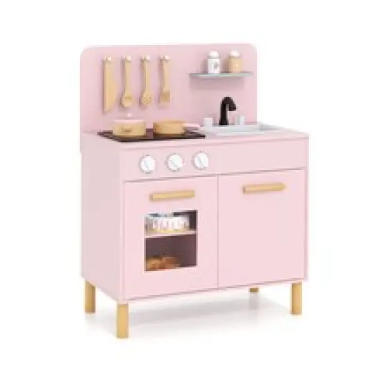 Plastic Kids Kitchen Playset with Cooking Accessories and Storage Compartments Pink {7}