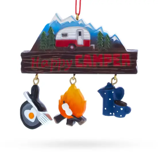 Happy Camper with Campfire and Cookware Resin Christmas Ornament {1}