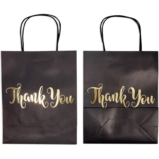 24 Pack Medium Black Thank You Party Favor Paper Goodie Gift Bags with Handles, Gold Foil {6}