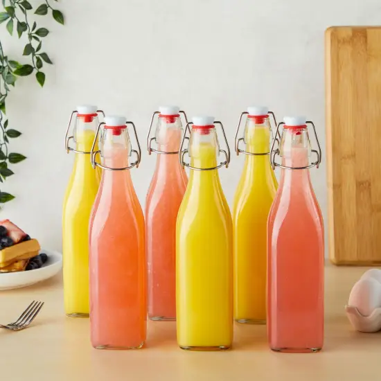 6 Pack 16 oz Glass Bottles with Swing Top Lids and Square Base, Includes Brush and Funnel for Homemade Brewing Clear {2}