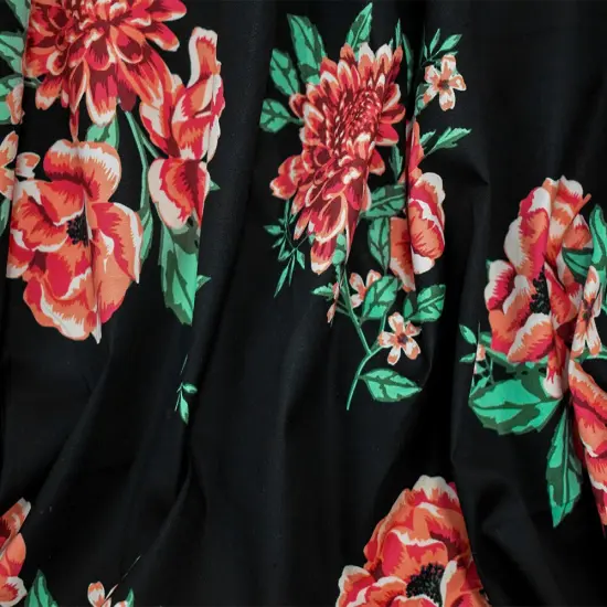 Black-Orange-Multi Cotton Floral Printed Stretch Spandex Poplin Woven Fabric By the Yard {2}