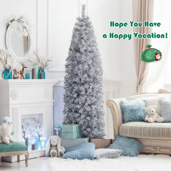 Costway 7 FT Pre-Lit Christmas Tree Hinged Slim Pencil w/ 350 LED Lights 670 Branch Tips {5}