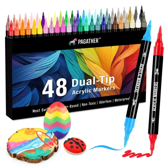 48 Colors Acrylic Paint Markers, Dual Tip with Fine Tip and Brush Tip Pens for Stone, Wood, Calligraphy, Canvas, Ceramic, Metal, Glass, Rock Painting, DIY Crafts {2}