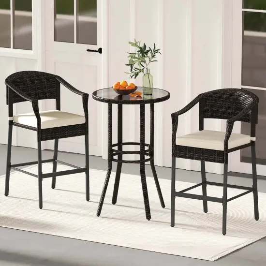 Costway 3 PCS Patio Rattan Bar Set Wicker Armchairs & Round Table with Tempered Glass Top {1}