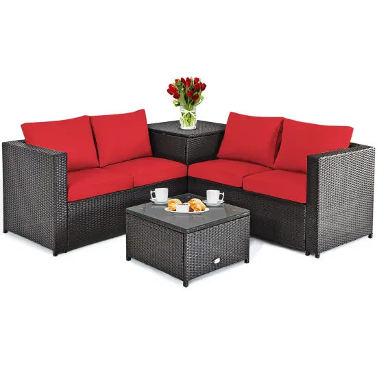 Costway 4PCS Outdoor Patio Rattan Furniture Set Cushioned Loveseat Storage Table Red/Turquoise/Black {7}