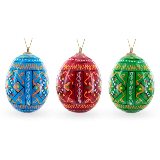 Set of 3 Vibrant Geometric Ukrainian Pysanky Wooden Easter Egg Ornaments 2.5 Inches {3}
