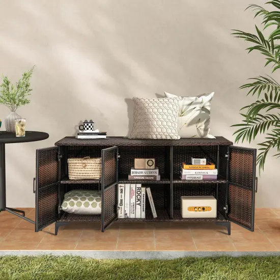 Costway 84 Gallon 3-Door Patio Wicker Storage Cabinet Deck Box with Removable Shelves Black/Mix Brown {5}