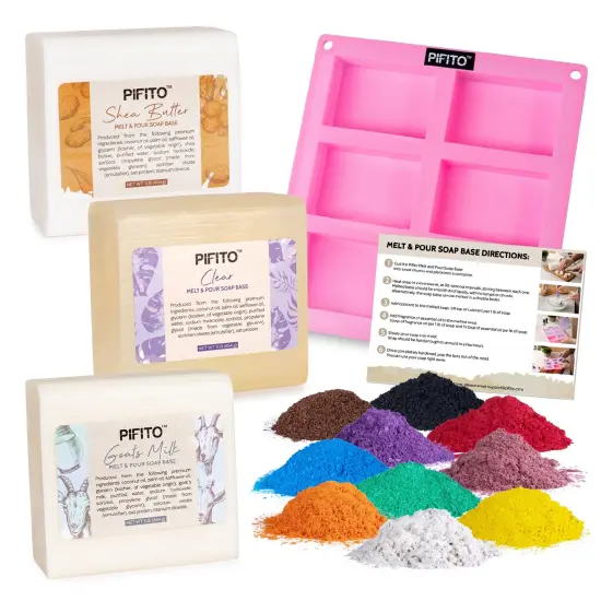Pifito Soap Making Kit │ DIY Soap Making Supplies - 3 lbs Melt and Pour Soap Base (Goats Milk, Shea Butter, Clear), 10-Pack Mica "Original" Colorants Sampler, Mold and Instructions {1}