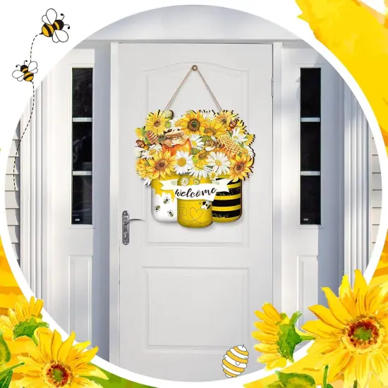 Bee Welcome Wood Door Yellow Bee summer Hanger Wooden Sign Farmhouse Wall Porch Art Summe Wreath Hanging for Front Door Decoration {4}