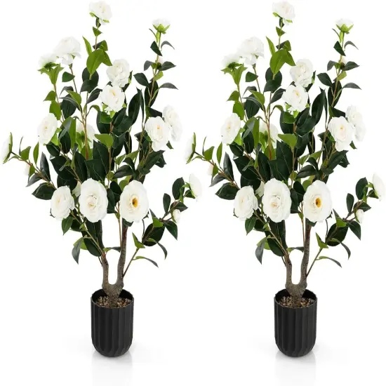 2pcs 38" Artificial Camellia Tree Flower Plant in Yellow Cement White {1}