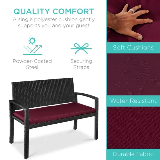 Best Choice Products 2-Person Outdoor Wicker Bench Garden Patio Porch Furniture w/ 700lb Capacity, Cushion Burgundy/Black {3}
