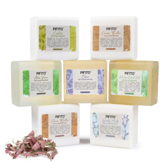 Pifito Melt and Pour Soap Base Sampler (7 lbs) │ Assortment of 7 Bases (1lb ea) │ Hemp Seed Oil, Clear, Aloe Vera, Goats Milk, Cocoa Butter, Shea Butter, Castile │ Glycerin Soap Making Supplies {1}