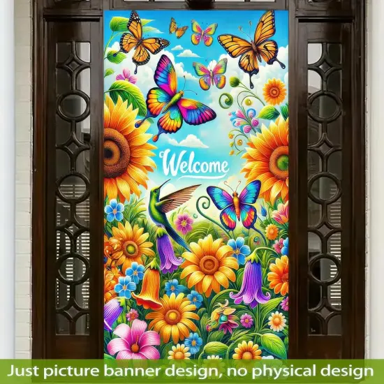 Welcome Door Cover Spring Butterfly Design Door Banner 71x35 Inch Polyester Summer Sunflower Hummingbird Decoration for Front Door Outdoor Decor {2}