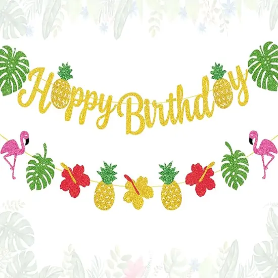Hawaiian Happy Birthday Banner, Glitter Luau Birthday Party Decorations with Flamingo Pineapple Palm Leaves Flower Garland Hawaiian Banner Aloha Summer Themed Party Decorations for Birthday Decor {1}
